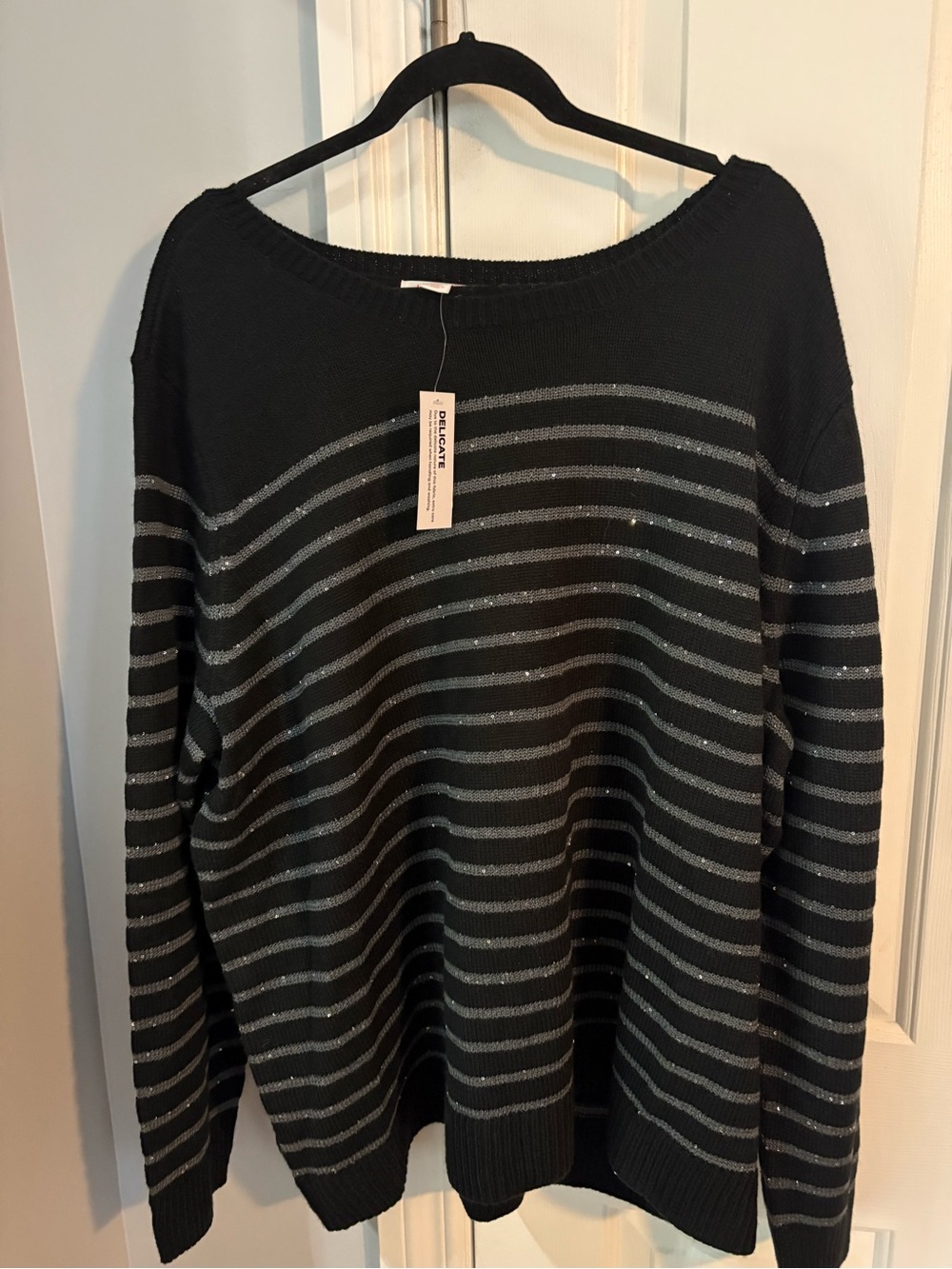 Joe Fresh Black Crewneck Sweater with Metallic Gray Stripes 3x